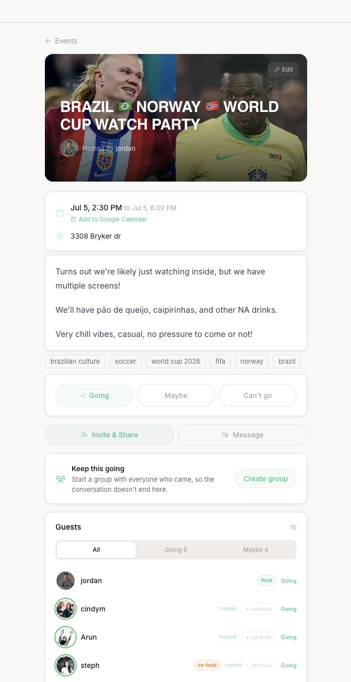 An UpTrust event page for a World Cup watch party, with RSVP buttons, a guest list carrying trusted badges, and a prompt to start a group with everyone who came